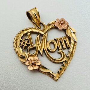14K Yellow Gold Heart Shaped Mom Pendant Floral Textured vintage